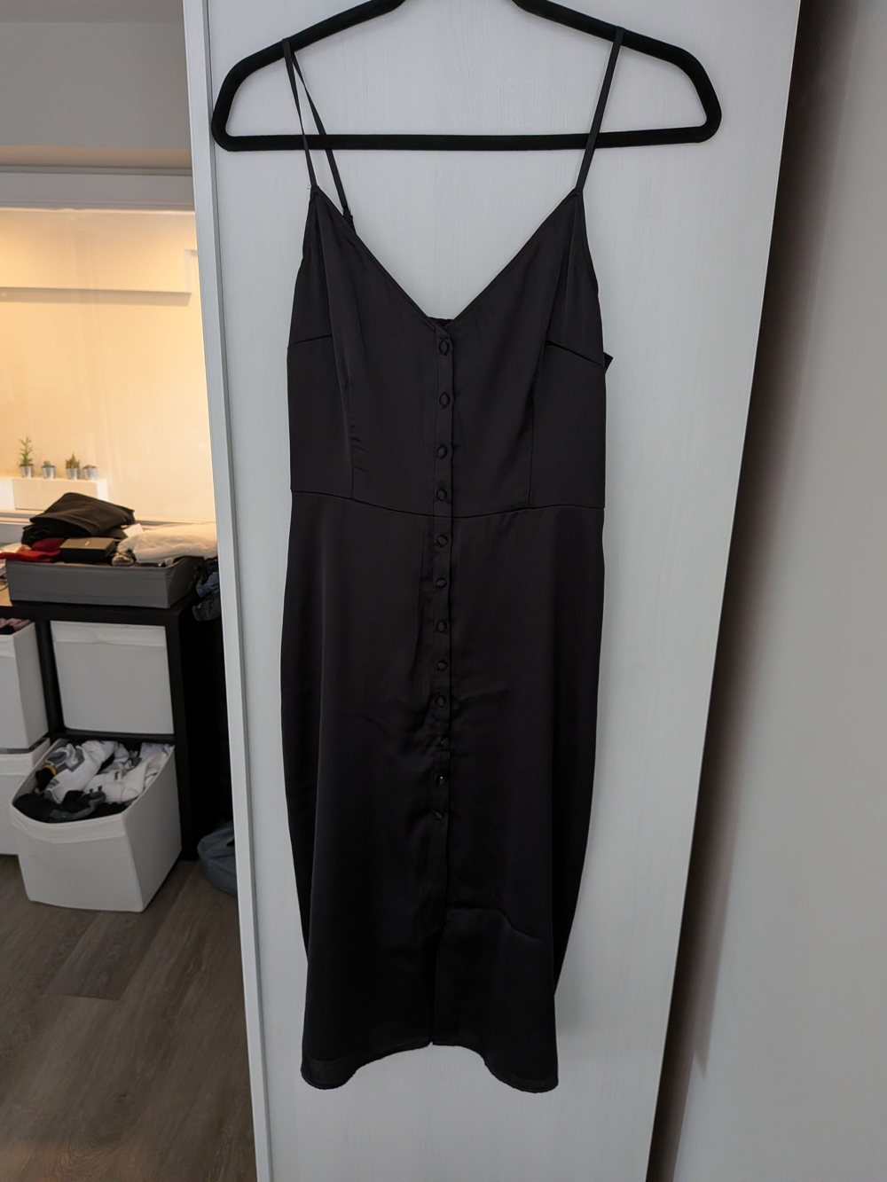 Abercrombie & Fitch Satin Button-Front Midi Slip Dress Black
